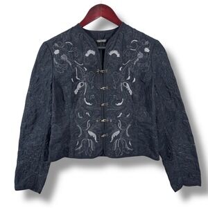 Tahari Embroidered Baroque Navy Cotton Hook Closure Jacket Size Large